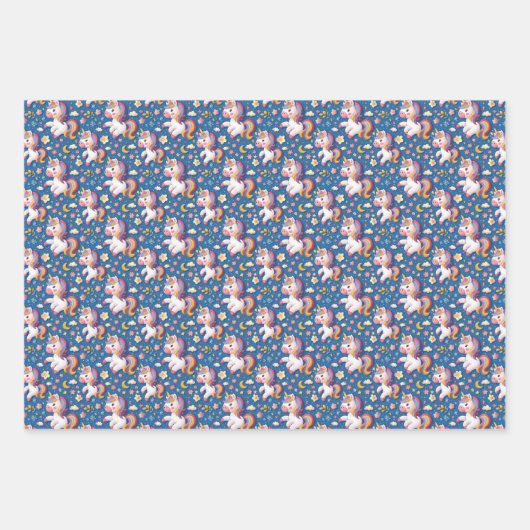 Niedlich gekacheltes Einhorn-Mädchen-Party Geschenkpapier Set (Vorderseite)