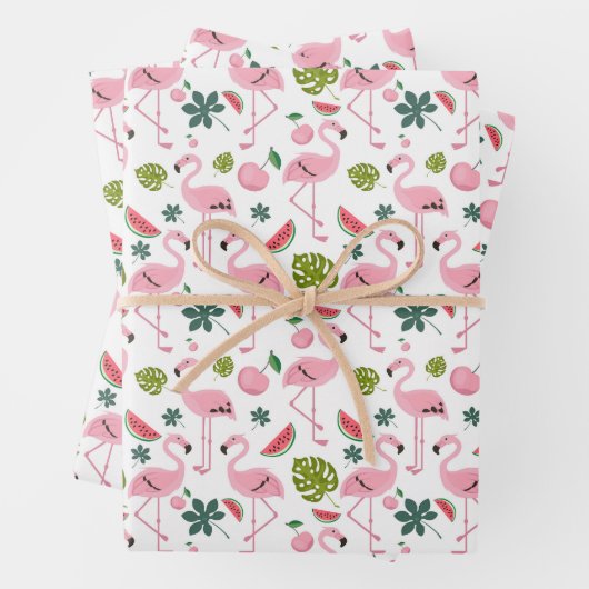 Niedlich gekacheltes rosa Flamingo-Muster Geschenkpapier Set (Beispiel)