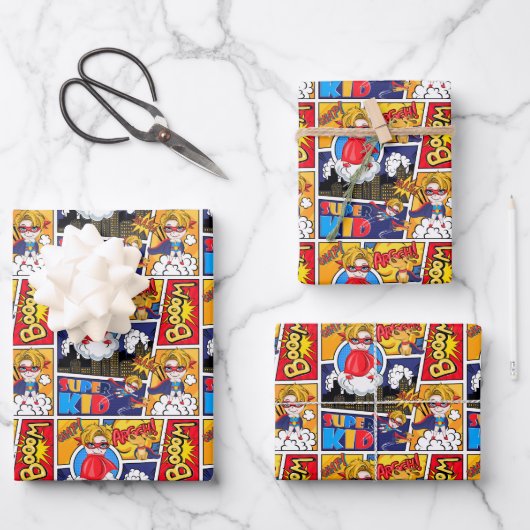 niedlich gekacheltes Superheldenmuster Geschenkpapier Set (Vorderseite)