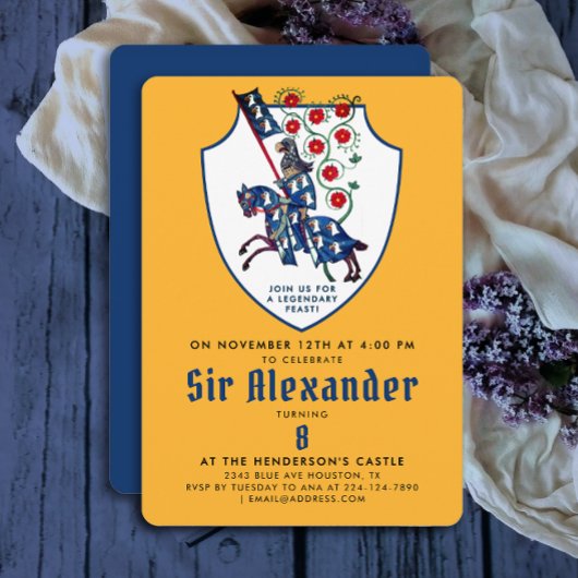 Niedlich-gelb-blau-mittelalterliche Ritterberge Bl Einladung