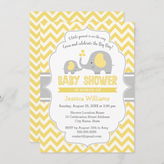 Niedlich-gelb-graue Elefant-Neutral-Baby-Dusche Einladung (Vorne/Hinten)