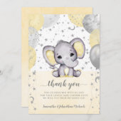Niedlich-Gelbe Babydusche Elephant Balloons Dankeskarte (Vorne/Hinten)