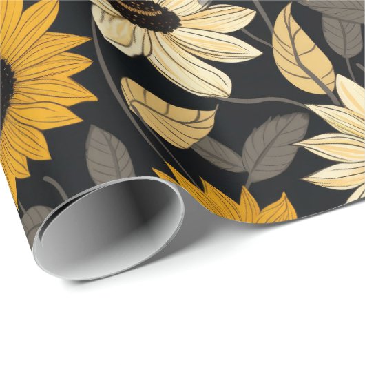 Niedlich Gelbe Creme Sonnenblumen Schwarz Geschenkpapier (Rolleneckpunkt)