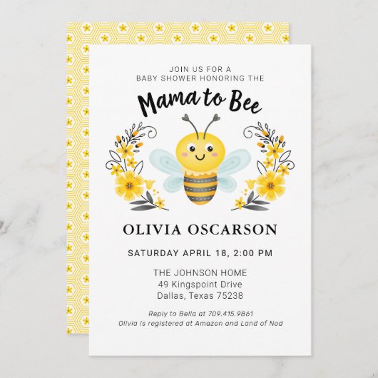 Niedlich-gelbe Mama-Bee-Baby-Dusche Einladung (Vorne/Hinten)