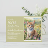 Niedlich Gelbe Orangenkatze Aquarell 100. Geburtst Einladung (Stehend Vorderseite)