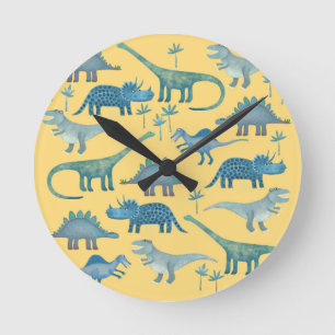 Niedlich Gelbe und Blaue Dinosaurier Runde Wanduhr