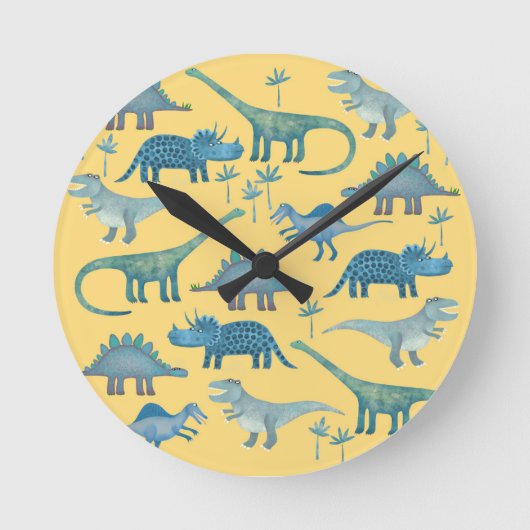 Niedlich Gelbe und Blaue Dinosaurier Runde Wanduhr (Vorderseite)