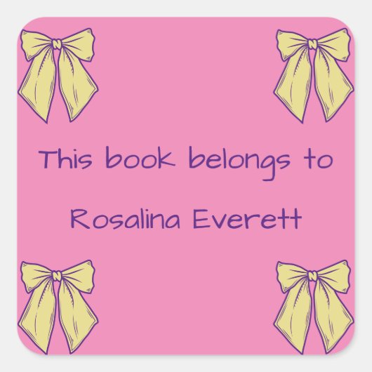 Niedlich Gelbe und rosa Bögen Mädchen Namen Kinder Quadratischer Aufkleber (Vorderseite)