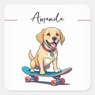 Niedlich-Gelbe Welpe auf Skateboard Labrador Quadratischer Aufkleber