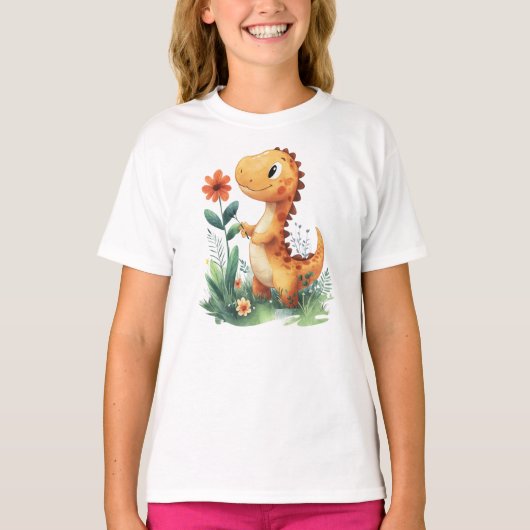 Niedlich Gelber Dinosaurier Holen einer Blume T-Shirt (Vorderseite)