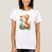 Niedlich Gelber Dinosaurier Holen einer Blume T-Shirt (Vorderseite)
