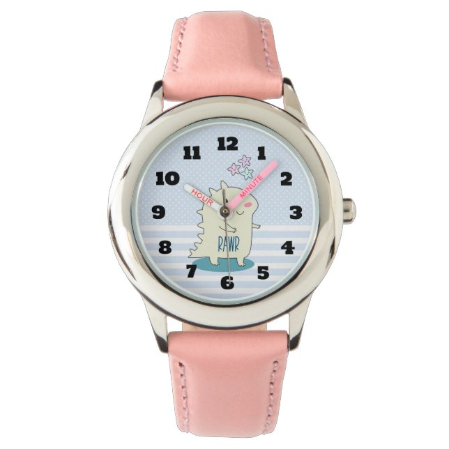 Niedlich-Gelber Dinosaurier mit glücklichen Sterne Armbanduhr (Vorderseite)