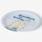 Niedlich-Gelber Dinosaurier mit glücklichen Sterne Pappteller (Schrägansicht)