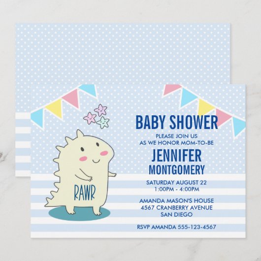 Niedlich-gelber Dinosaurier mit Happy Stars Baby D Einladung (Vorne/Hinten)