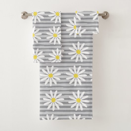 Niedlich-gelbes Daisy-Floral-Grau Streifen Muster Badhandtuch Set (Insitu)