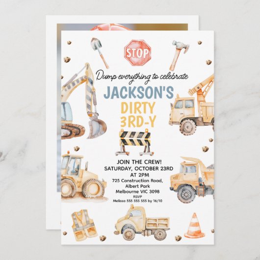 Niedlich-Gelbes Foto Bau Schmuck 3er Geburtstag Einladung (Vorne/Hinten)