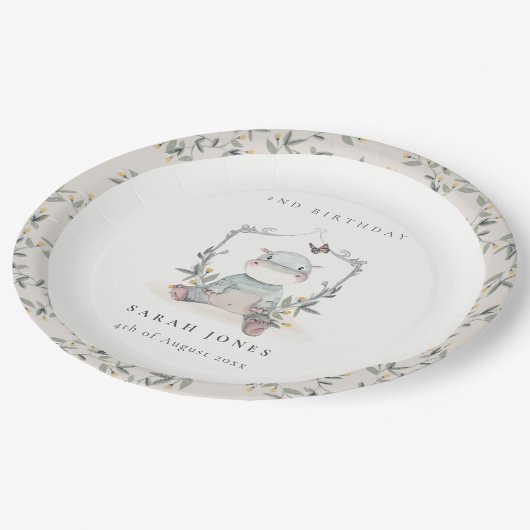 Niedlich-gelbes Hippo-Foliage jedes Lebensalter Pappteller (Schrägansicht)