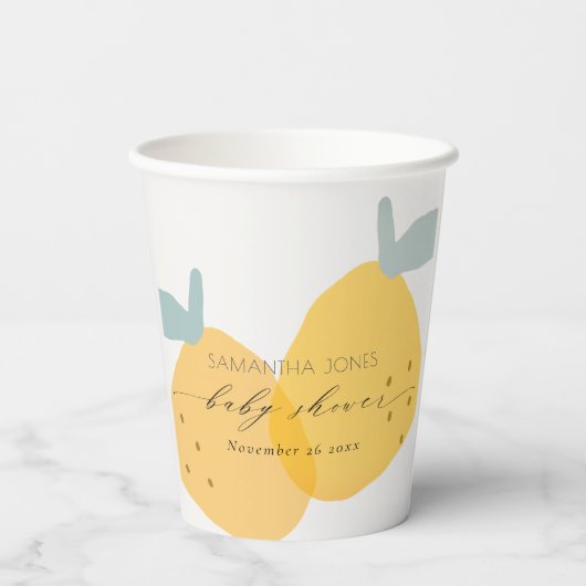Niedlich-gelbes Zitronenfrucht-Zitrusfrüchtedusche Pappbecher (Rückseite)