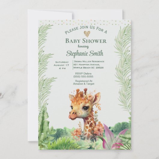 Niedlich Gender Neutral Greenery Giraffe Baby Dusc Einladung (Vorderseite)
