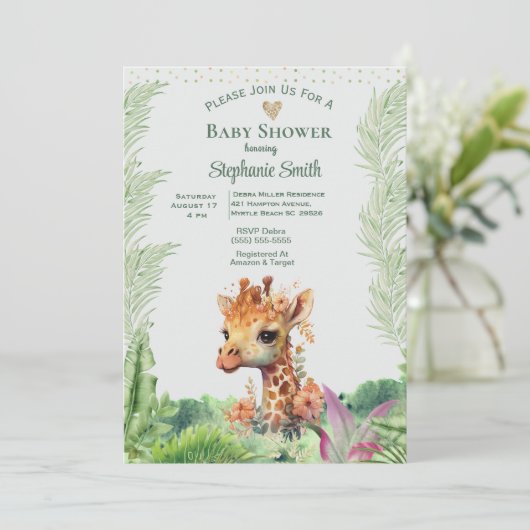 Niedlich Gender Neutral Greenery Giraffe Baby Dusc Einladung (Stehend Vorderseite)