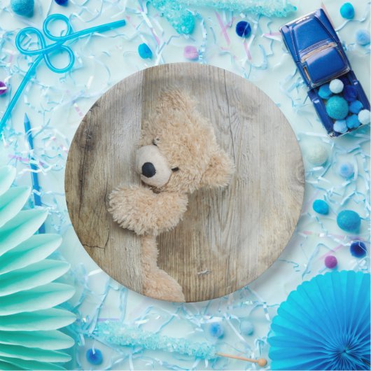 Niedlich gepolsterter Bär Rustikale Holzverkleidun Pappteller (Party)