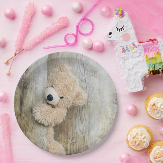 Niedlich gepolsterter Bär Rustikale Holzverkleidun Pappteller (Party)
