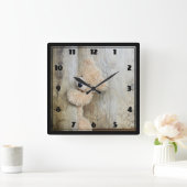Niedlich gepolsterter Bär Rustikale Holzverkleidun Quadratische Wanduhr (Zuhause)
