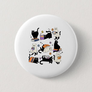 Niedlich Ghost Black Cat Reading Bücher Spooky Hal Button