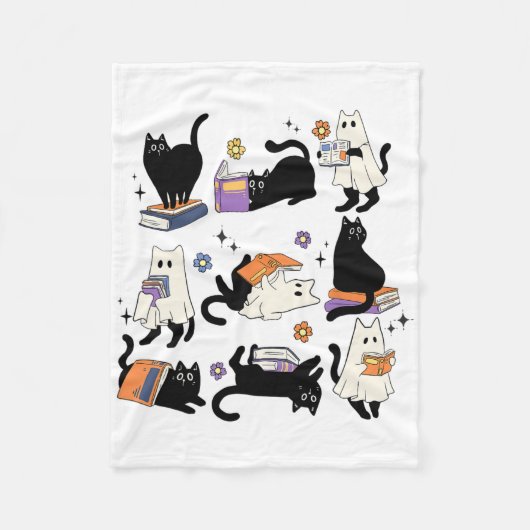 Niedlich Ghost Black Cat Reading Bücher Spooky Hal Fleecedecke (Vorderseite)