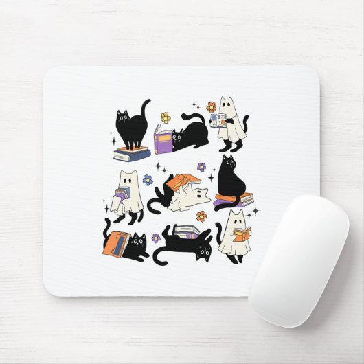 Niedlich Ghost Black Cat Reading Bücher Spooky Hal Mousepad (Mit Mouse)