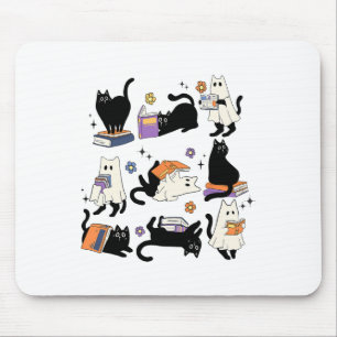 Niedlich Ghost Black Cat Reading Bücher Spooky Hal Mousepad