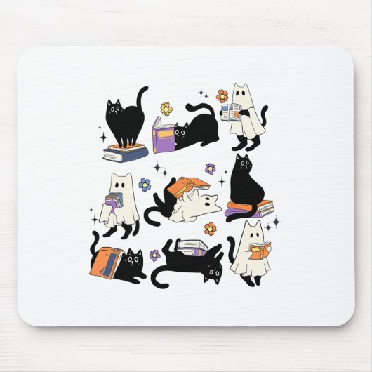 Niedlich Ghost Black Cat Reading Bücher Spooky Hal Mousepad (Vorne)