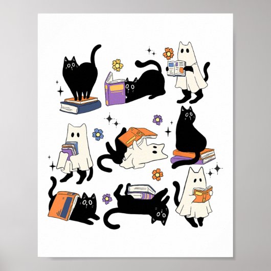 Niedlich Ghost Black Cat Reading Bücher Spooky Hal Poster (Vorne)