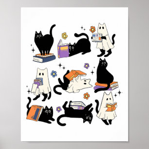 Niedlich Ghost Black Cat Reading Bücher Spooky Hal Poster