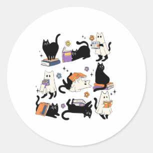 Niedlich Ghost Black Cat Reading Bücher Spooky Hal Runder Aufkleber