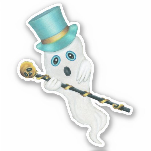 Niedlich Ghost Blue Eyes Top Hat hält Skull Cane Aufkleber (Vorderseite)