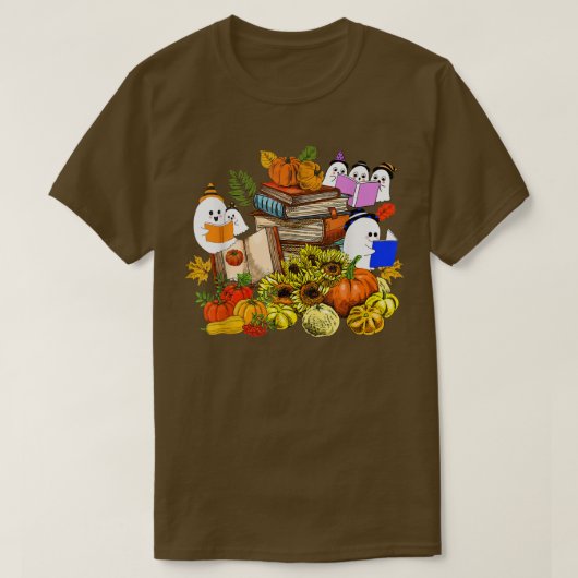 Niedlich Ghost Book Reading Lover Pumpkins Sunflow T-Shirt (Design vorne)