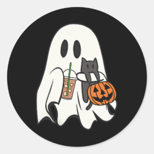 Niedlich Ghost Cat Iced Kaffee Spooky Jahreszeit H Runder Aufkleber
