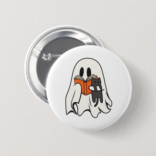 Niedlich Ghost Cat Lesen Buch Spooky Jahreszeit Ha Button (Vorne & Hinten)