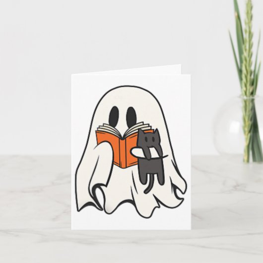 Niedlich Ghost Cat Lesen Buch Spooky Jahreszeit Ha Karte (Vorderseite)