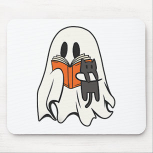 Niedlich Ghost Cat Lesen Buch Spooky Jahreszeit Ha Mousepad