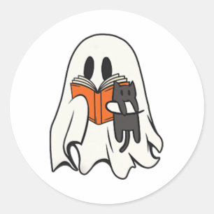 Niedlich Ghost Cat Lesen Buch Spooky Jahreszeit Ha Runder Aufkleber