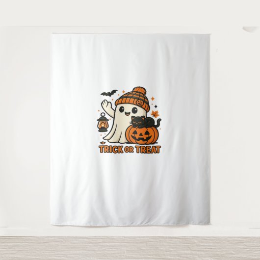 Niedlich Ghost Cat Spooky Halloween Kitten Magie W Wandteppich (Vorderseite)