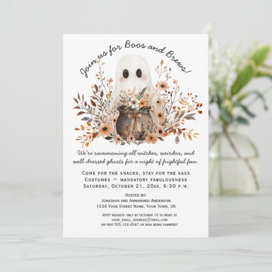 Niedlich Ghost Cauldron Herbst Blume Halloween-Par Einladung (Stehend Vorderseite)