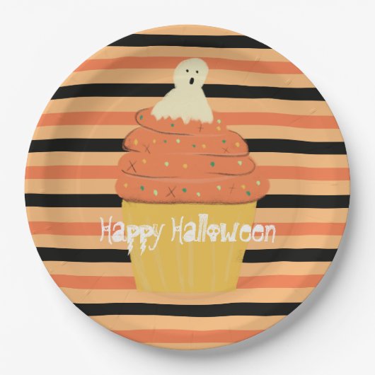 Niedlich Ghost Cupcake Halloween Orange Black Stri Pappteller (Vorderseite)