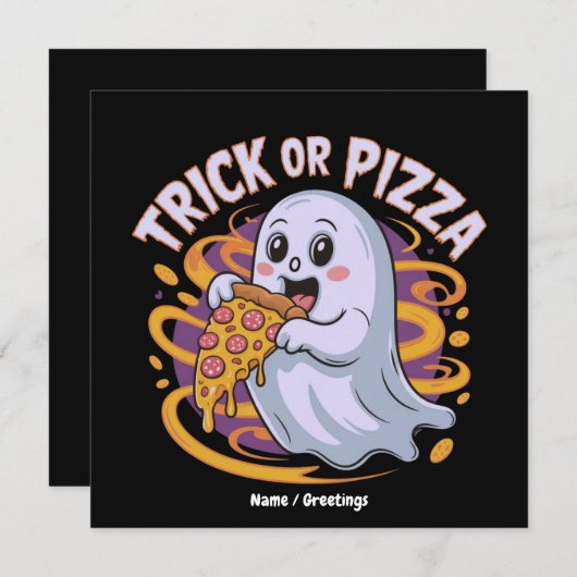Niedlich Ghost Eating Pizza Fun Creepy Trick oder  Einladung (Vorne/Hinten)