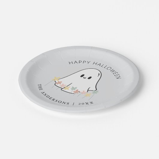 Niedlich Ghost Floral Halloween Grau Pappteller (Schrägansicht)