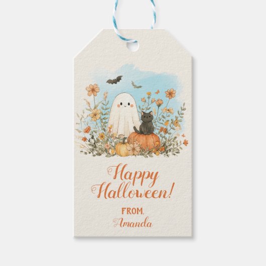 Niedlich Ghost Floral Happy Halloween Geschenkanhänger (Vorderseite)