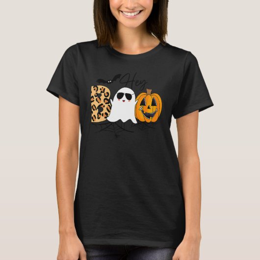 Niedlich Ghost Halloween Pumpkin Face Hey Boo Tren T-Shirt (Vorderseite)