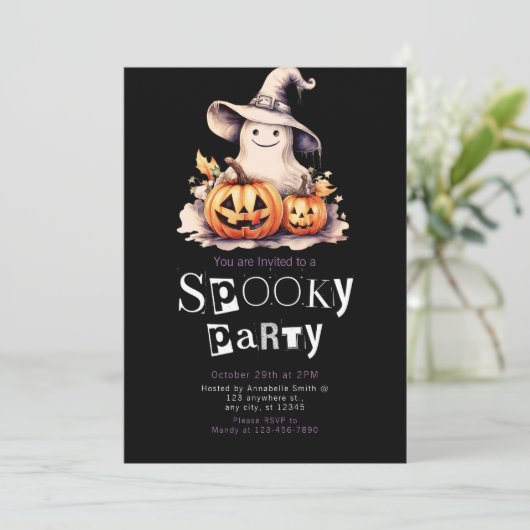Niedlich Ghost in grauer Hexenhut Halloween Einladung (Stehend Vorderseite)